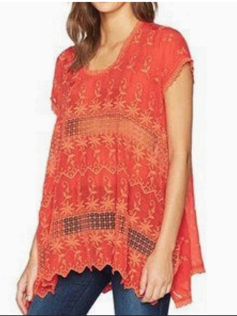 Johnny Was Orange Embroidered Cupra Rayon Handkerchief Hem Tunic Top Sz M - Picture 3 of 7